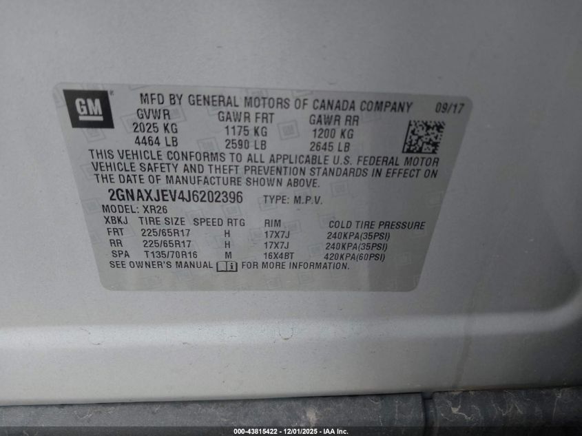 2018 Chevrolet Equinox Lt VIN: 2GNAXJEV4J6202396 Lot: 43815422