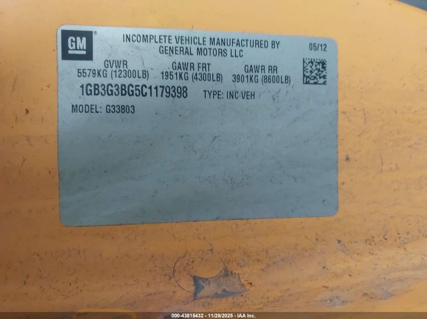 2012 Chevrolet Express Cutaway Work Van VIN: 1GB3G3BG5C1179398 Lot: 43815432