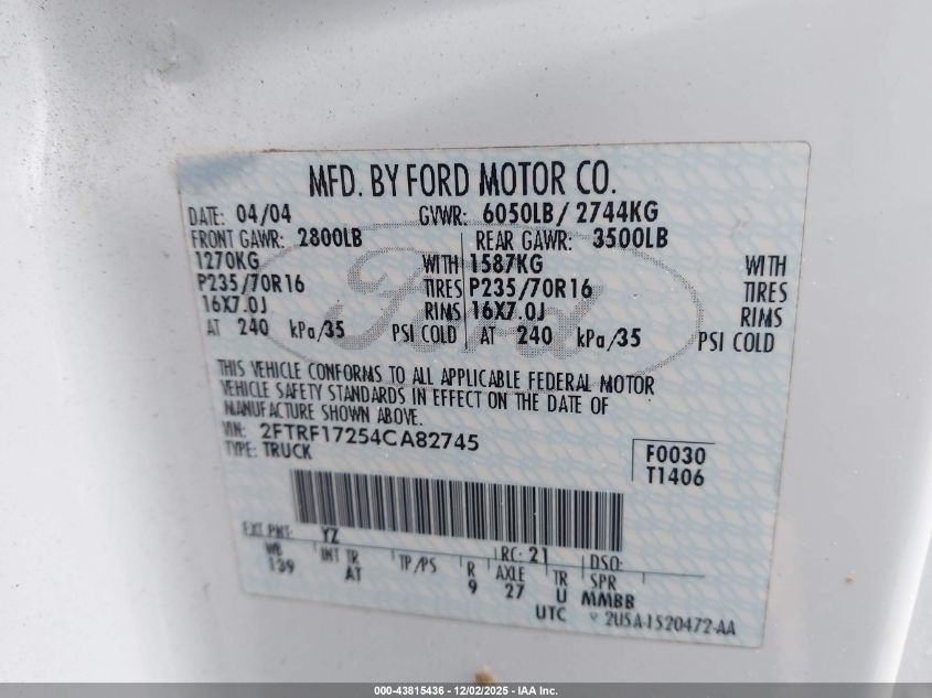 2004 Ford F-150 Heritage Xl/Xlt VIN: 2FTRF17254CA82745 Lot: 43815436