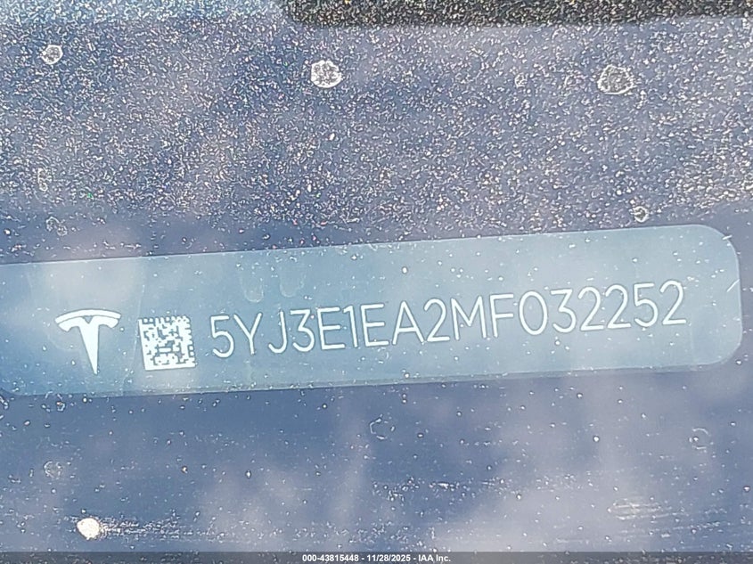 2021 Tesla Model 3 Standard Range Plus Rear-Wheel Drive VIN: 5YJ3E1EA2MF032252 Lot: 43815448
