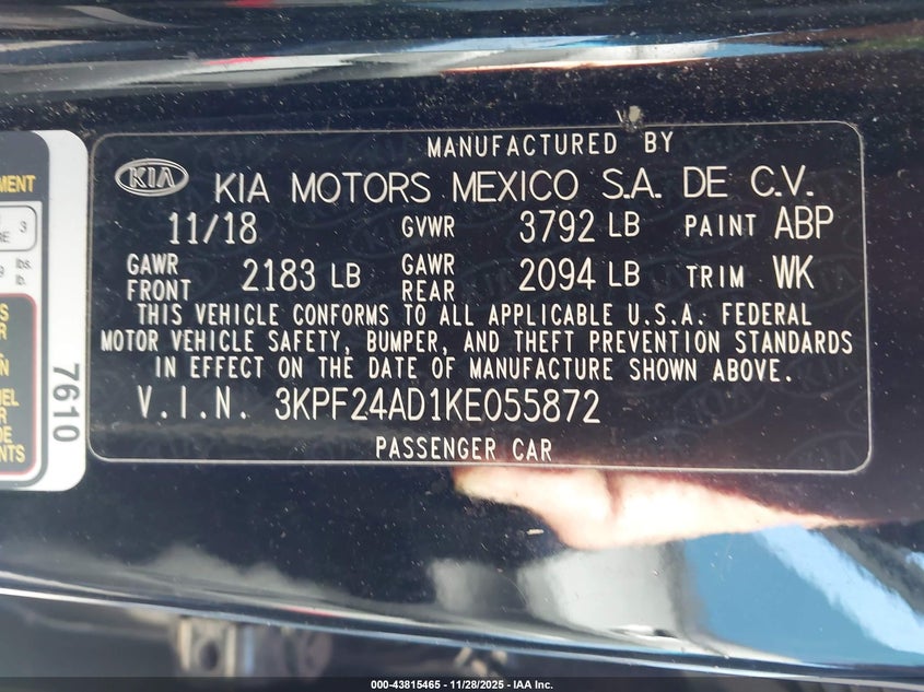 2019 Kia Forte Lxs VIN: 3KPF24AD1KE055872 Lot: 43815465