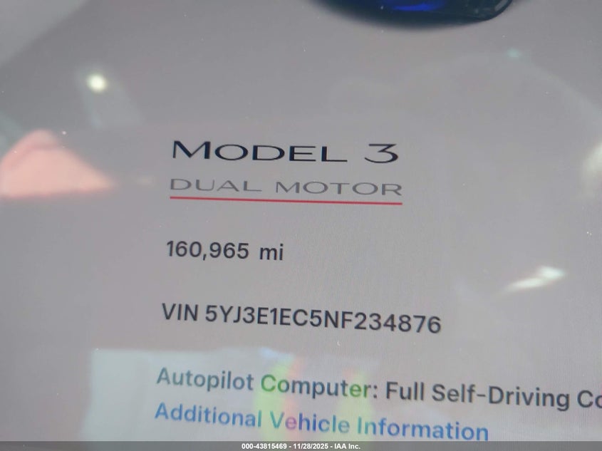2022 Tesla Model 3 Performance Dual Motor All-Wheel Drive VIN: 5YJ3E1EC5NF234876 Lot: 43815469