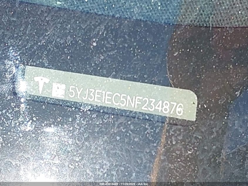 2022 Tesla Model 3 Performance Dual Motor All-Wheel Drive VIN: 5YJ3E1EC5NF234876 Lot: 43815469