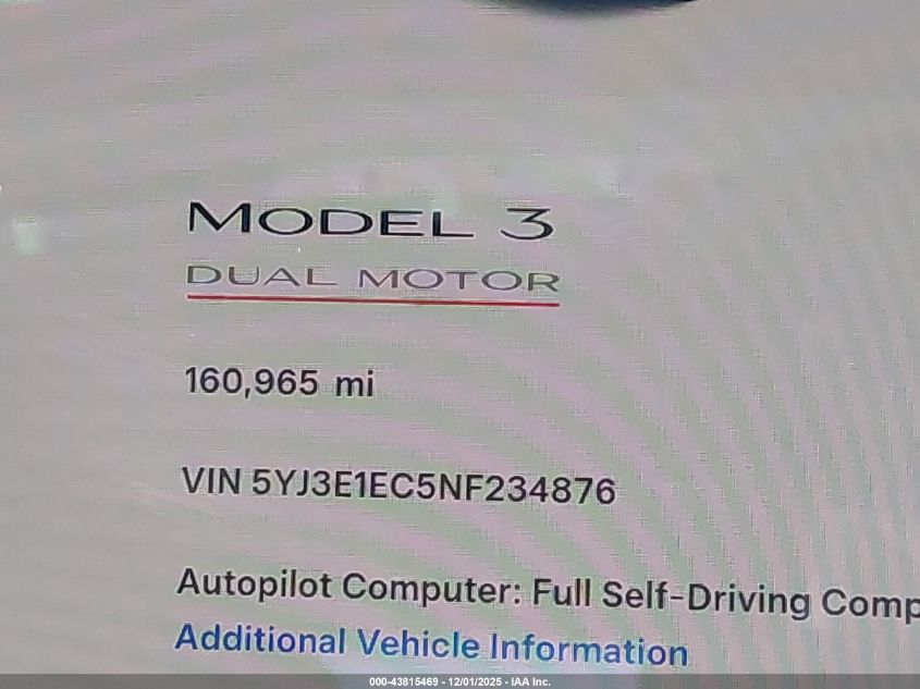 2022 Tesla Model 3 Performance Dual Motor All-Wheel Drive VIN: 5YJ3E1EC5NF234876 Lot: 43815469