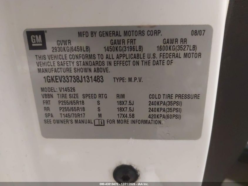 2008 GMC Acadia Slt-2 VIN: 1GKEV33738J131483 Lot: 43815470
