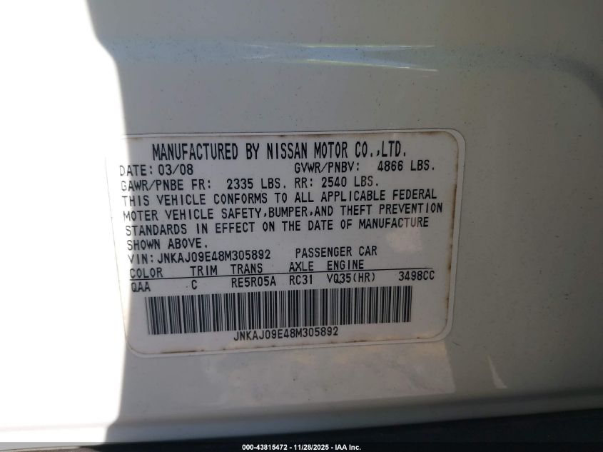 2008 Infiniti Ex35 Journey VIN: JNKAJ09E48M305892 Lot: 43815472