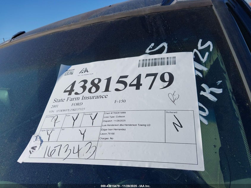 2001 Ford F-150 Harley-Davidson Edition/King Ranch Edition/Lariat/Xlt VIN: 1FTRW07L21KE37123 Lot: 43815479