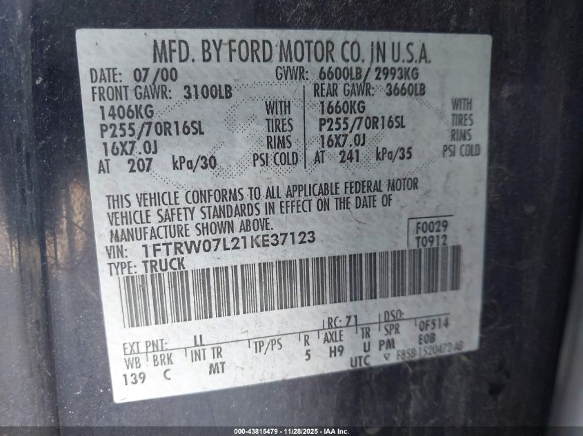 2001 Ford F-150 Harley-Davidson Edition/King Ranch Edition/Lariat/Xlt VIN: 1FTRW07L21KE37123 Lot: 43815479