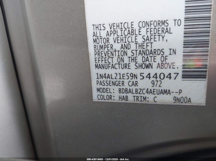 2009 Nissan Altima 2.5 S VIN: 1N4AL21E59N544047 Lot: 43815485