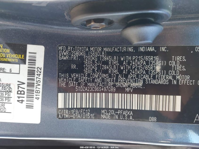 2006 Toyota Sienna Le VIN: 5TDZA23C96S497089 Lot: 43815516