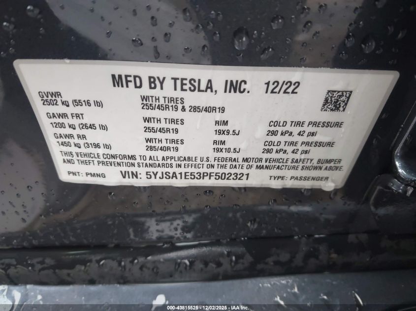 2023 Tesla Model S Dual Motor All-Wheel Drive/Standard Range VIN: 5YJSA1E53PF502321 Lot: 43815525