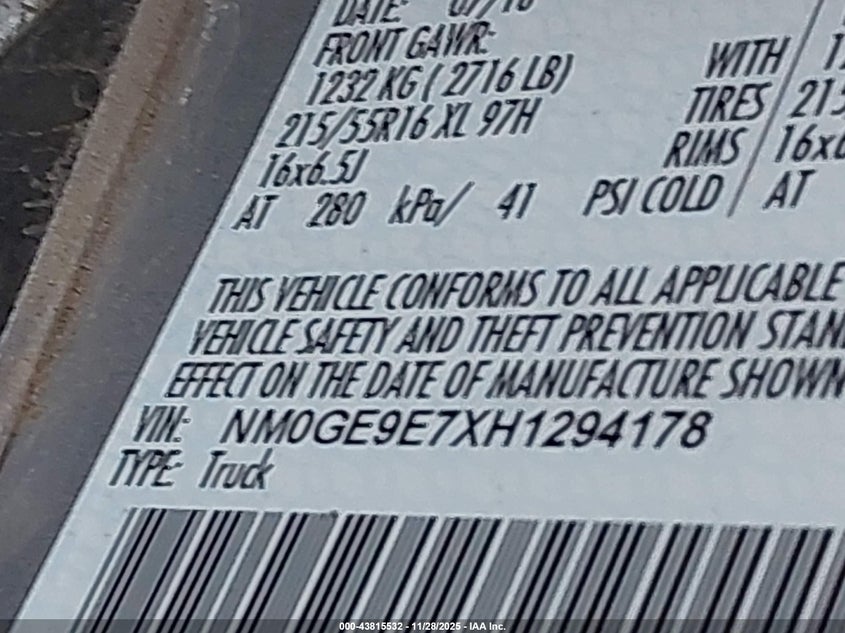 2017 Ford Transit Connect Xl VIN: NM0GE9E7XH1294178 Lot: 43815532