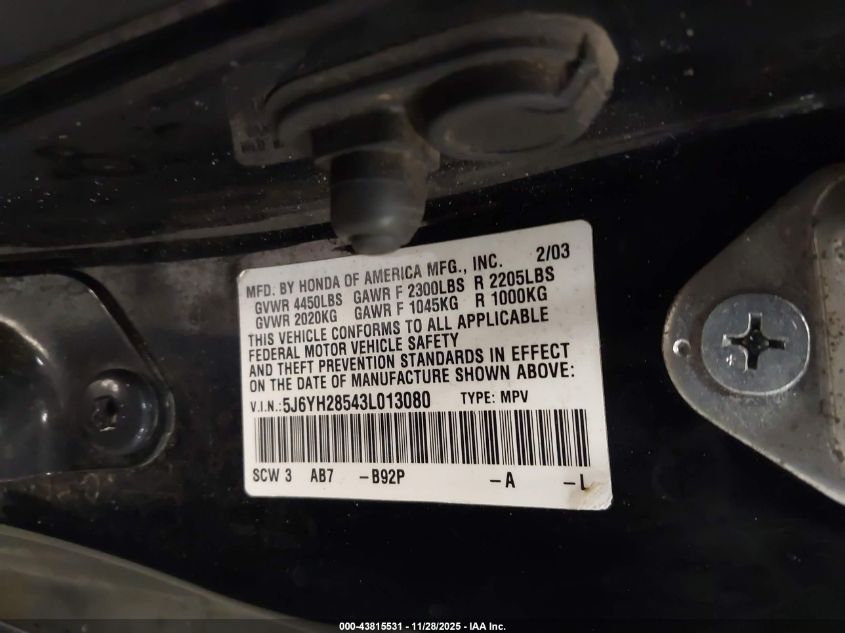 2003 Honda Element Ex VIN: 5J6YH28543L013080 Lot: 43815531