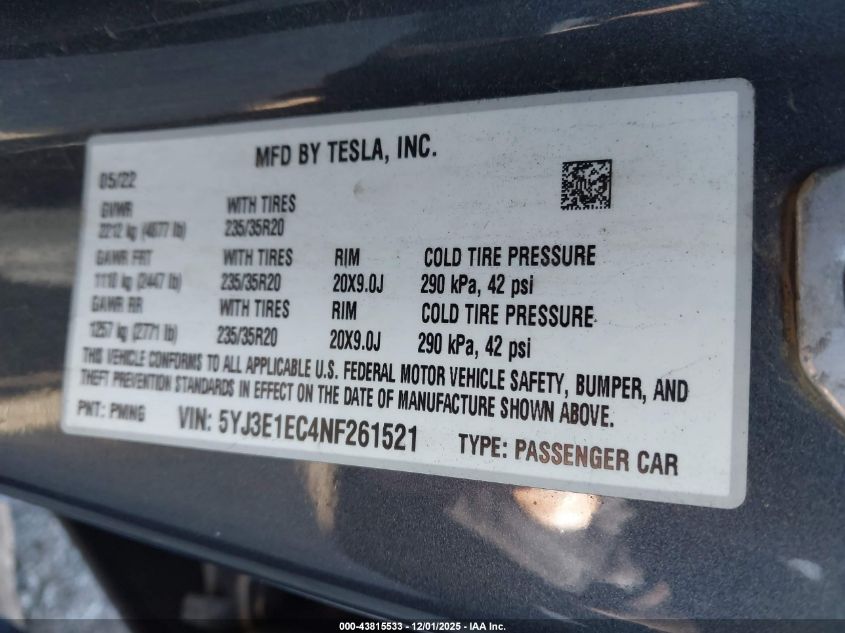 2022 Tesla Model 3 Performance Dual Motor All-Wheel Drive VIN: 5YJ3E1EC4NF261521 Lot: 43815533