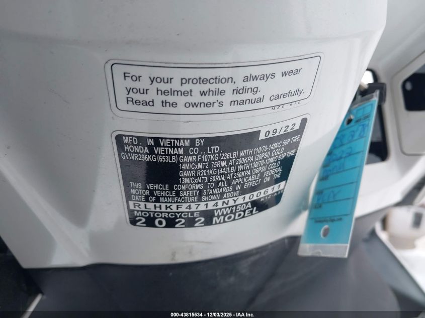 2022 Honda Ww150 A VIN: RLHKF4714NY100611 Lot: 43815534