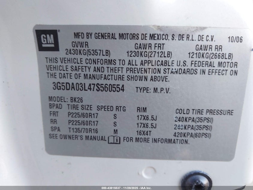 2007 Buick Rendezvous Cxl VIN: 3G5DA03L47S560554 Lot: 43815537