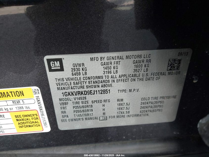 2014 GMC Acadia Slt-1 VIN: 1GKKVRKD9EJ112851 Lot: 43815562