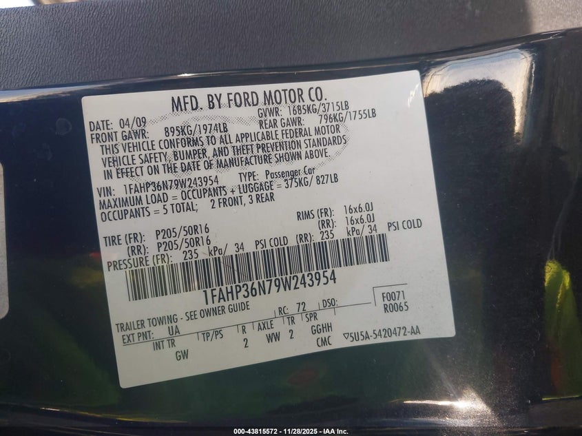 2009 Ford Focus Ses VIN: 1FAHP36N79W243954 Lot: 43815572
