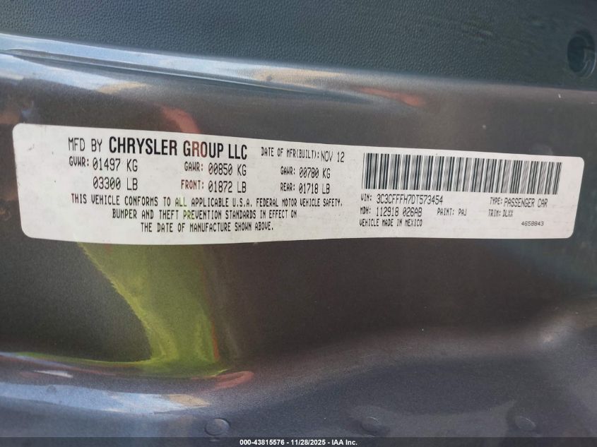 2013 Fiat 500 Abarth VIN: 3C3CFFFH7DT573454 Lot: 43815576