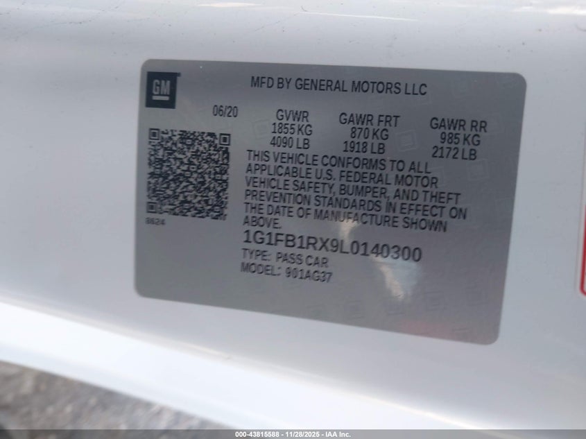 2020 Chevrolet Camaro Rwd 1Lt VIN: 1G1FB1RX9L0140300 Lot: 43815588