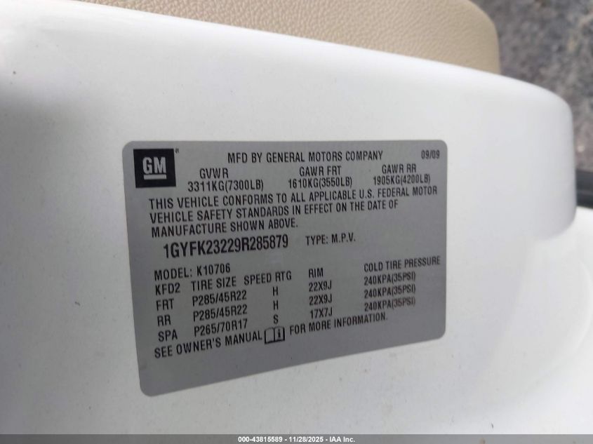 2009 Cadillac Escalade Standard VIN: 1GYFK23229R285879 Lot: 43815589