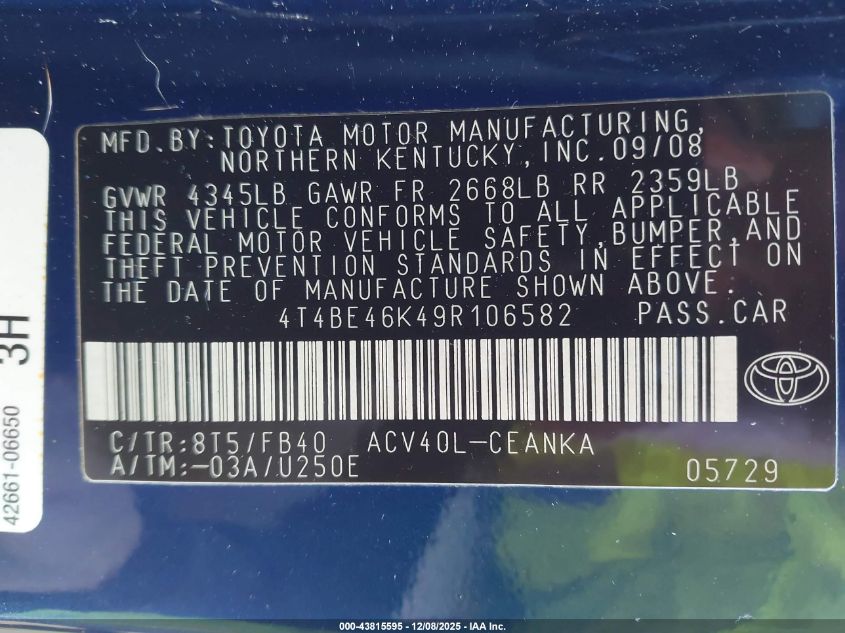 2009 Toyota Camry Le VIN: 4T4BE46K49R106582 Lot: 43815595