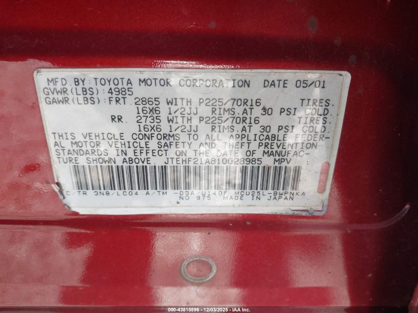 2001 Toyota Highlander V6 VIN: JTEHF21A810028985 Lot: 43815596