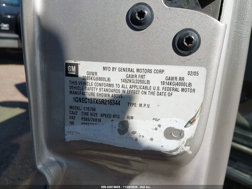 2005 Chevrolet Tahoe Ls VIN: 1GNEC13TX5R216344 Lot: 43815609