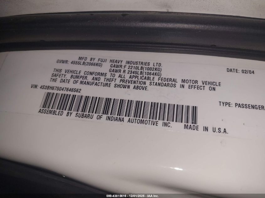 2004 Subaru Outback VIN: 4S3BH675047646562 Lot: 43815616