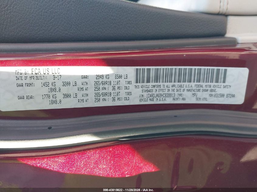 2017 Dodge Durango Sxt Awd VIN: 1C4RDJAG9HC839913 Lot: 43815622