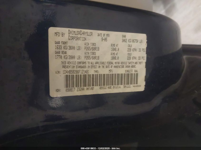 2006 Dodge Durango Limited VIN: 1D4HB58286F121481 Lot: 43815633