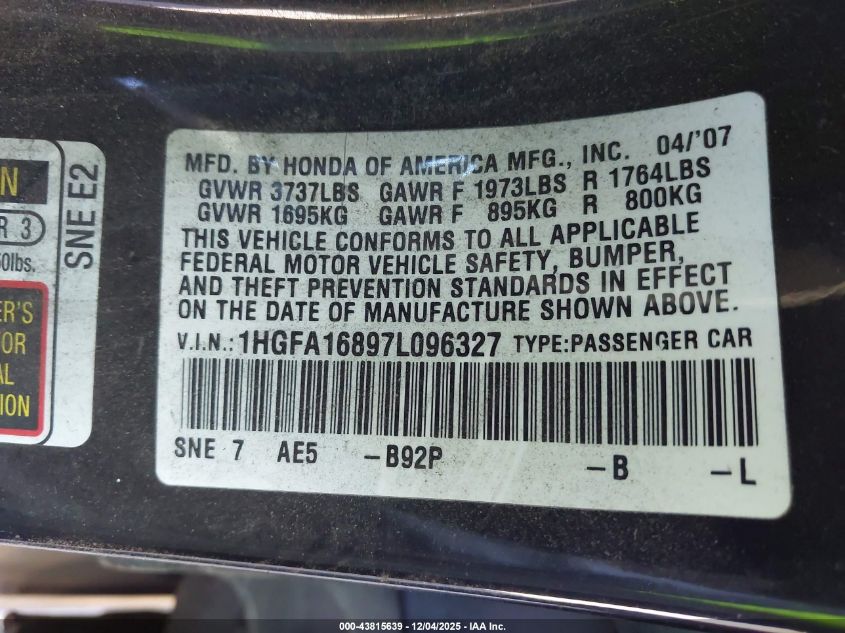 2007 Honda Civic Ex VIN: 1HGFA16897L096327 Lot: 43815639