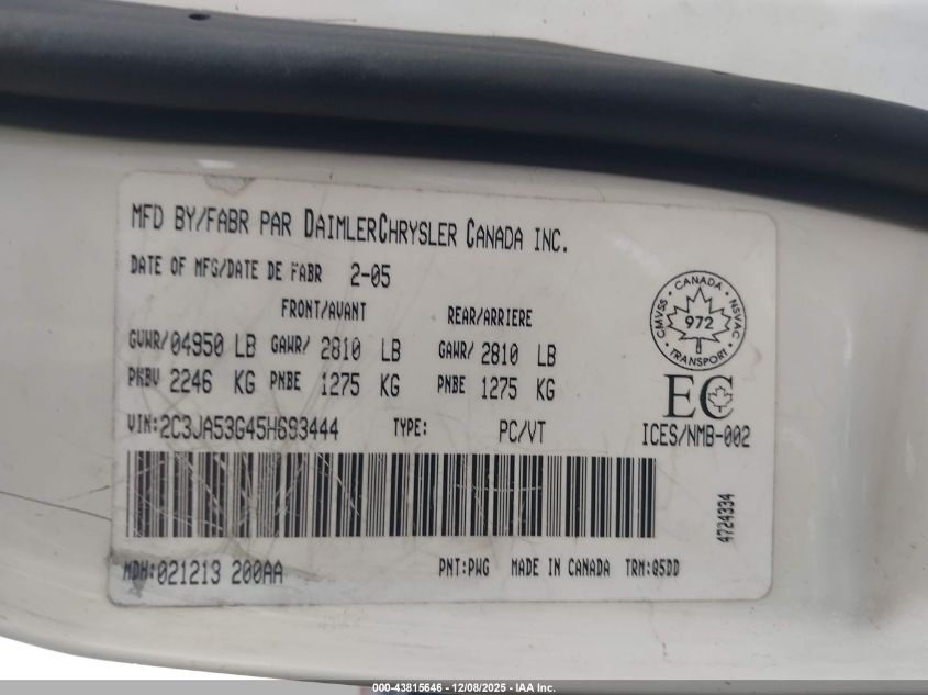 2005 Chrysler 300 VIN: 2C3JA53G45H693444 Lot: 43815646