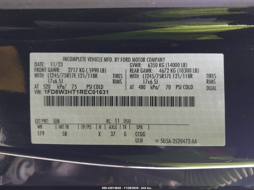 2024 Ford F-350 Chassis Lariat VIN: 1FD8W3HT1REC01631 Lot: 43815648