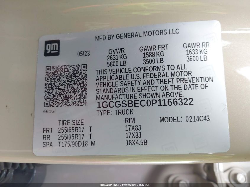 2023 Chevrolet Colorado 2Wd Short Box Wt VIN: 1GCGSBEC0P1166322 Lot: 43815655