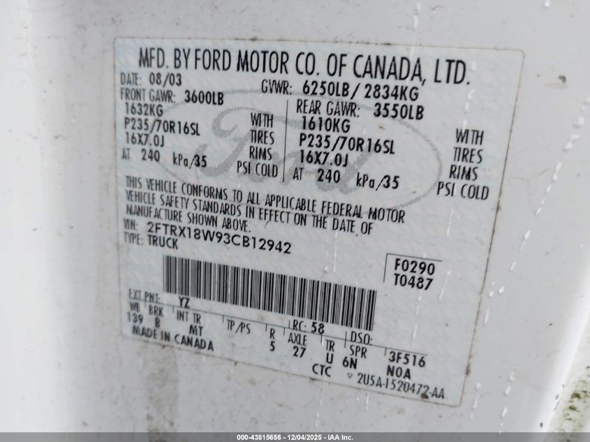 2003 Ford F-150 Lariat/Xl/Xlt VIN: 2FTRX18W93CB12942 Lot: 43815656