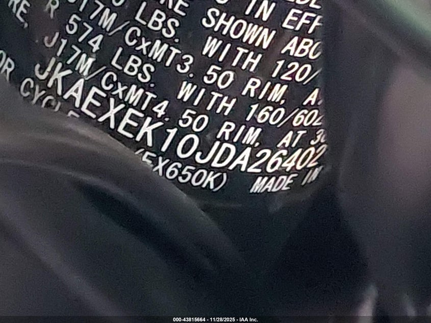 2018 Kawasaki Ex650 F VIN: JKAEXEK10JDA26402 Lot: 43815664