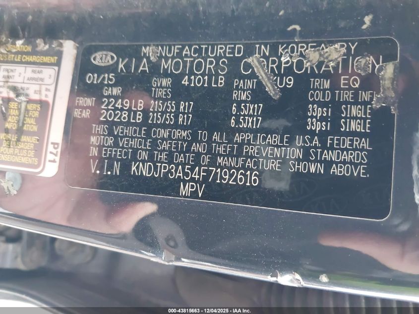 2015 Kia Soul + VIN: KNDJP3A54F7192616 Lot: 43815663