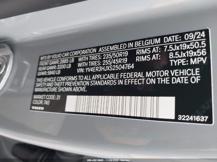 2025 Volvo Ex40 Twin Motor Core VIN: YV4ER3HJXS2504764 Lot: 43815665