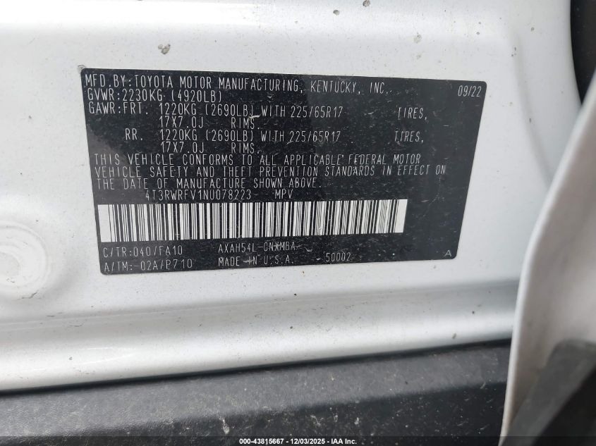 2022 Toyota Rav4 Hybrid Xle VIN: 4T3RWRFV1NU078223 Lot: 43815667