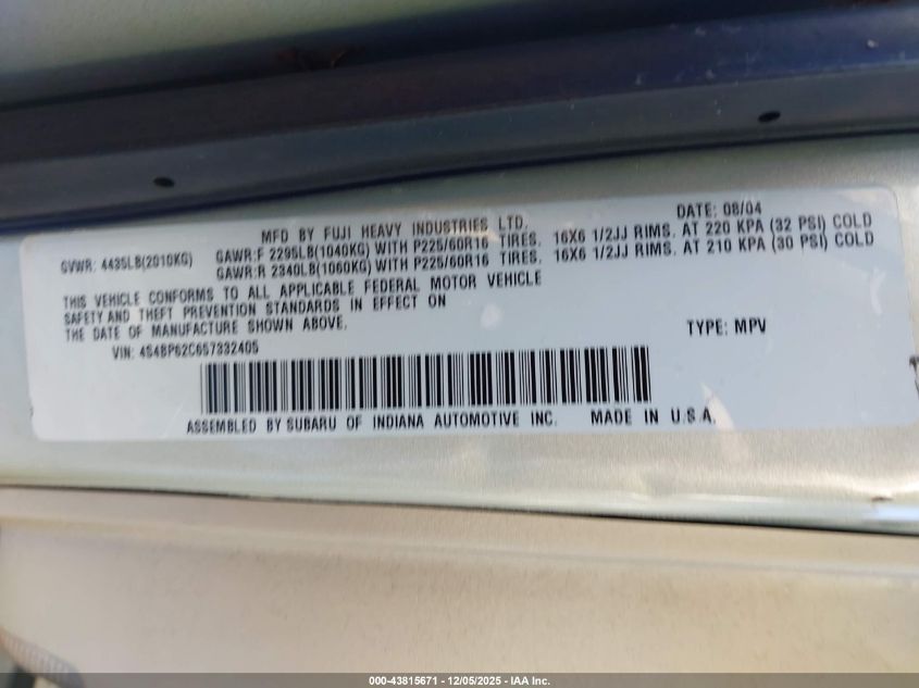 2005 Subaru Outback 2.5I Limited VIN: 4S4BP62C657332405 Lot: 43815671
