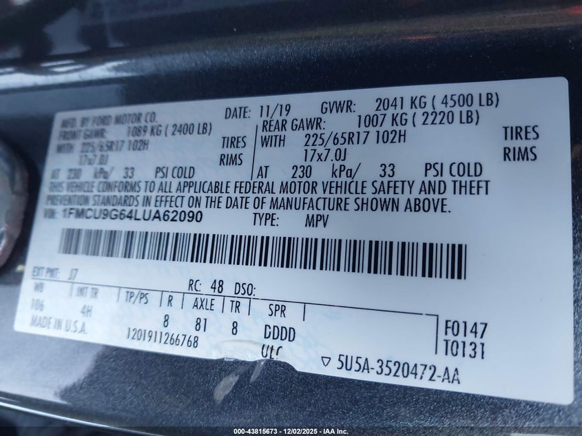 1FMCU9G64LUA62090 2020 FORD ESCAPE photo no. 9