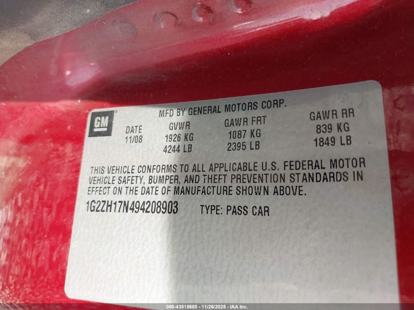 2009 Pontiac G6 Gt VIN: 1G2ZH17N494208903 Lot: 43815680