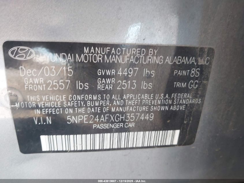 2016 Hyundai Sonata Se VIN: 5NPE24AFXGH357449 Lot: 43815687