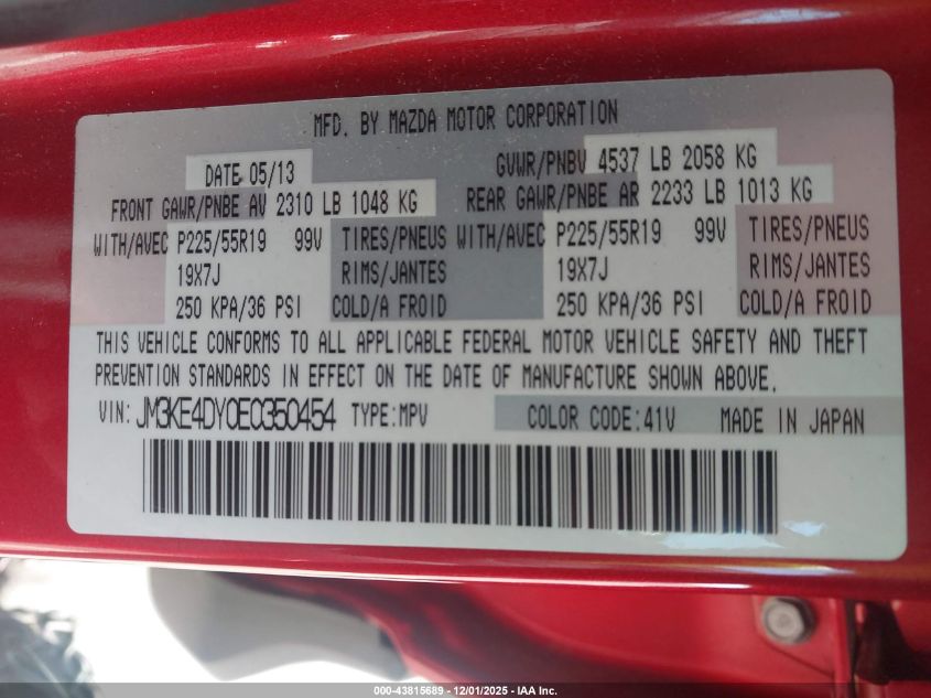 2014 Mazda Cx-5 Grand Touring VIN: JM3KE4DY0E0350454 Lot: 43815689