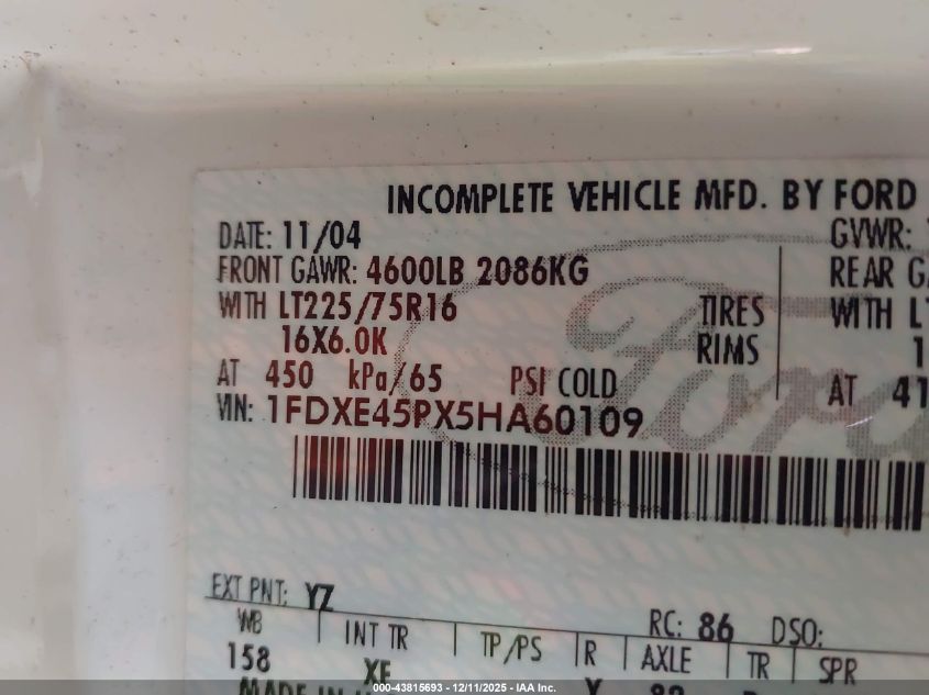 2005 Ford E-450 Cutaway Standard VIN: 1FDXE45PX5HA60109 Lot: 43815693