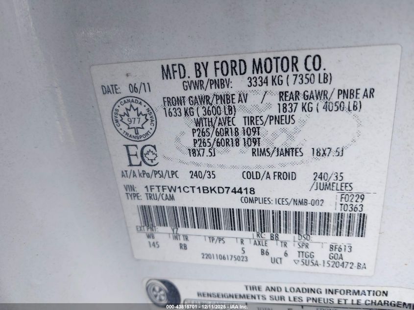 2011 Ford F-150 Fx2 VIN: 1FTFW1CT1BKD74418 Lot: 43815701