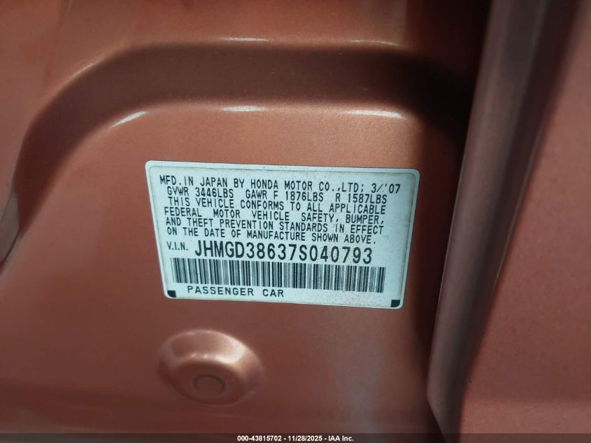 2007 Honda Fit Sport VIN: JHMGD38637S040793 Lot: 43815702