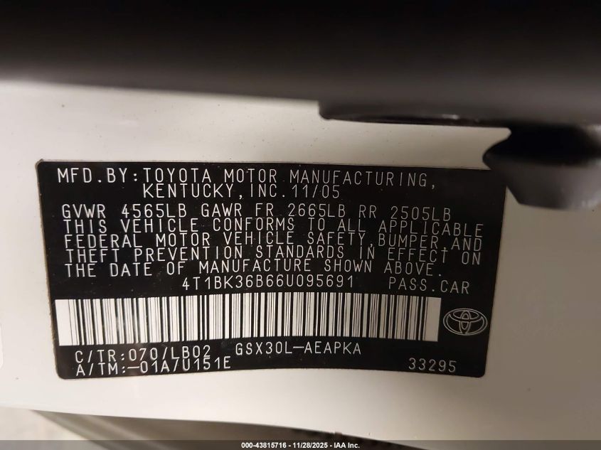 2006 Toyota Avalon Limited VIN: 4T1BK36B66U095691 Lot: 43815716