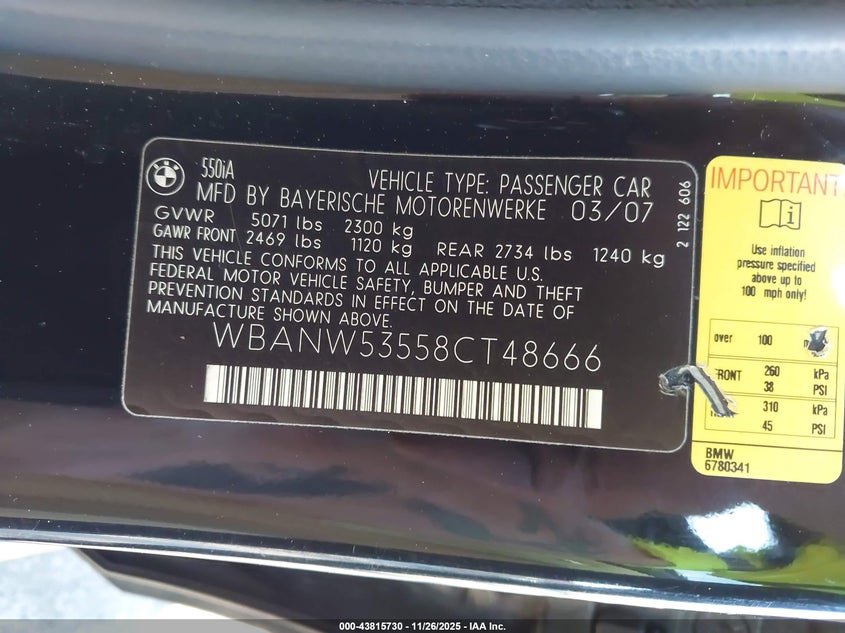 2008 BMW 550I VIN: WBANW53558CT48666 Lot: 43815730